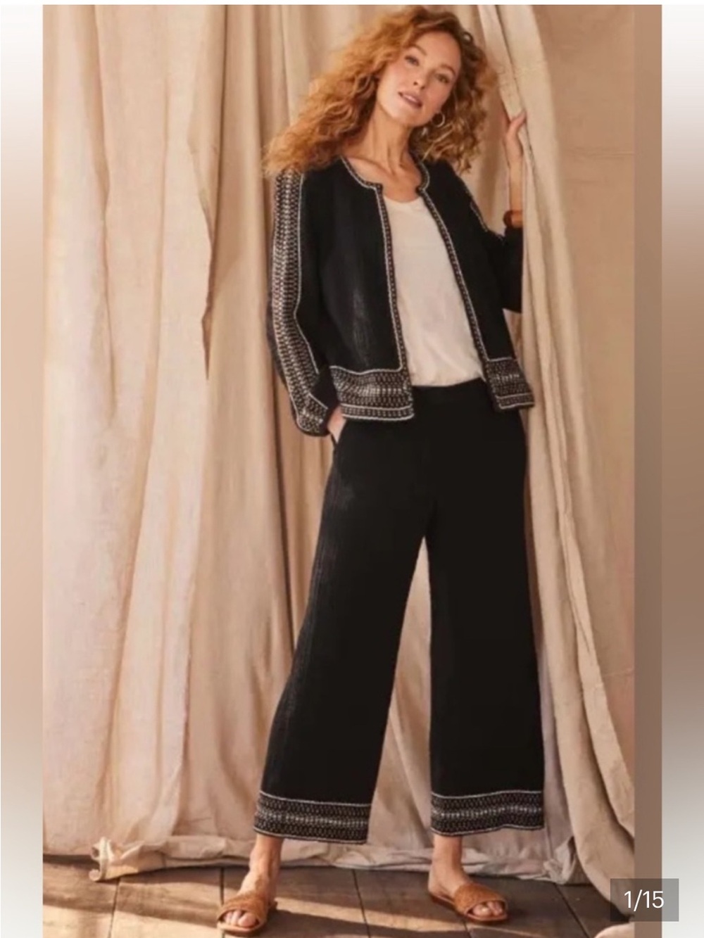 J.Jill Pure Jill Embroidered Gauze Jacket & Wide Leg Crop Pant S Top MP Bottom
